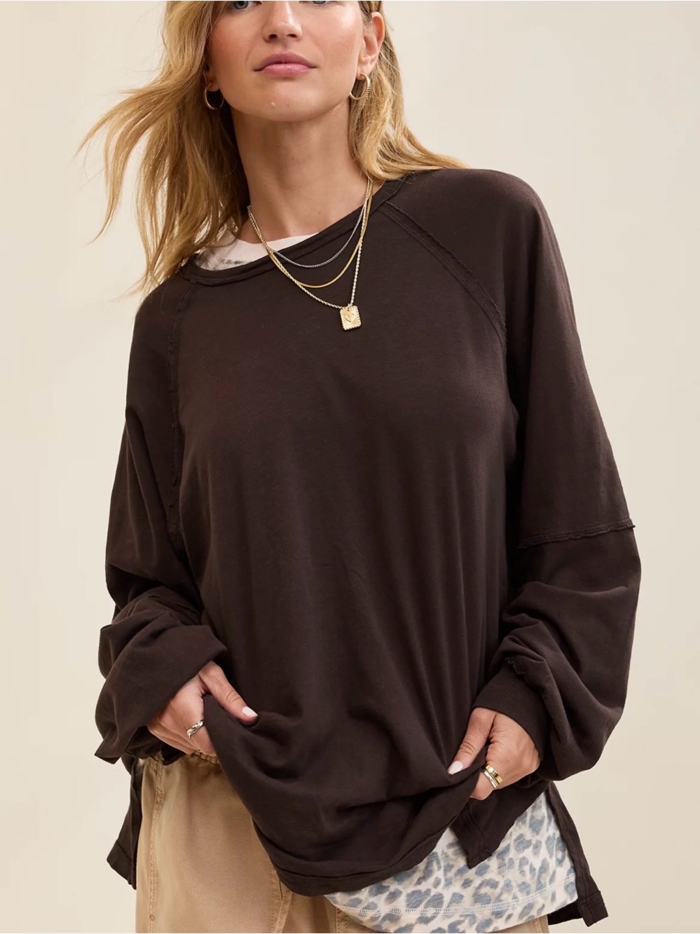 Aerie Cozy Long Sleeve Oversized Boyfriend T-Shirt - Dark brown